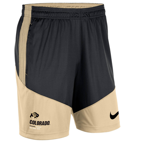 A black pair of shorts with Vegas Gold color-block accents, featuring a C-U Buffalo logo and "Colorado" written on the lower right leg, and a Nike Swoosh on the left.